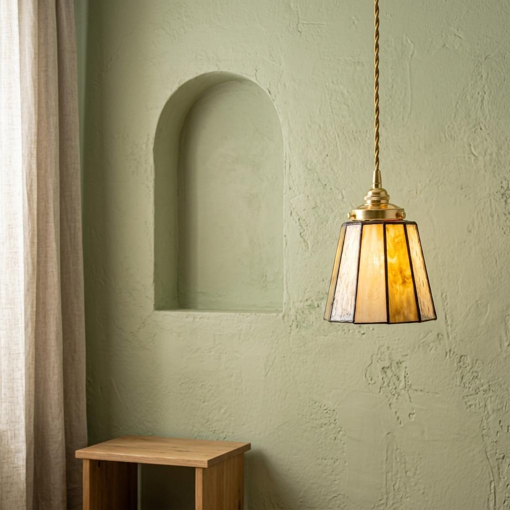 Amber Ivory Stained Glass Pendant Light, Small Tiffany Style Hanging Lamp, Warm Vintage Boho Ceiling Light
