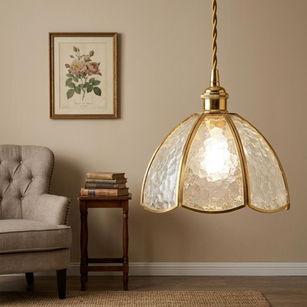 Textured Glass Scalloped Dome Pendant Light, Vintage Brass Tone Fixture