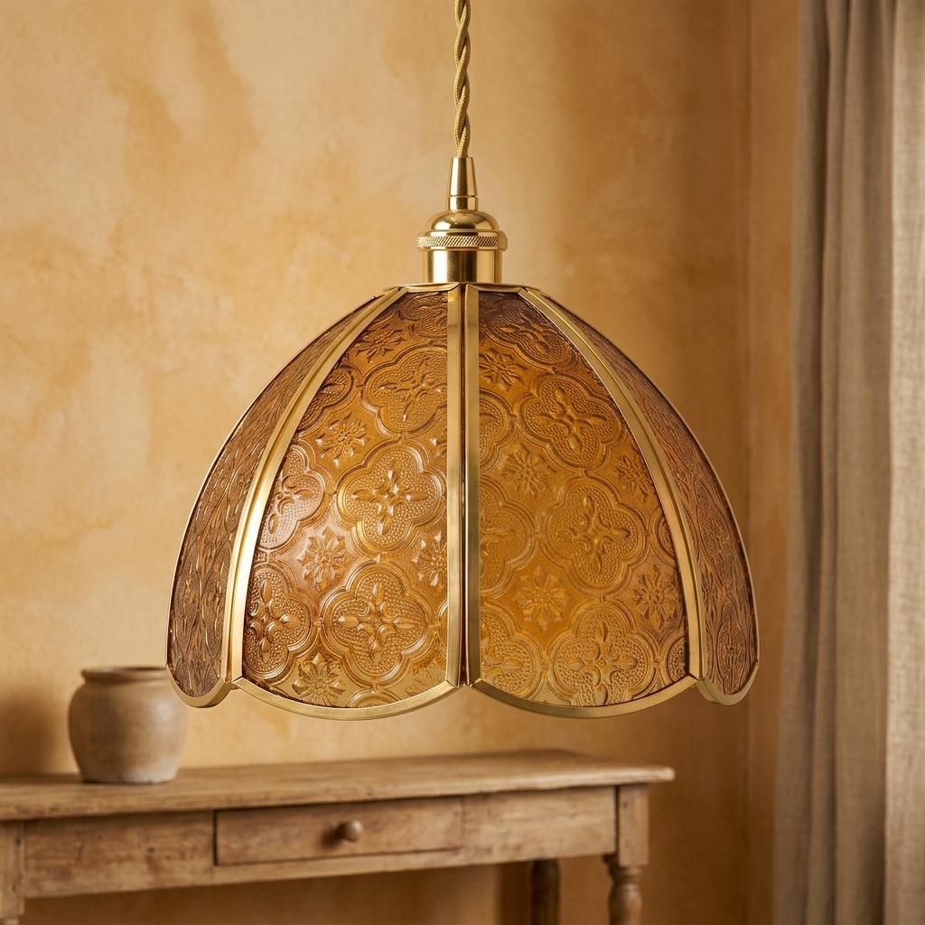 Amber Embossed Floral Glass Pendant Light, Vintage Golden Dome Hanging Lamp
