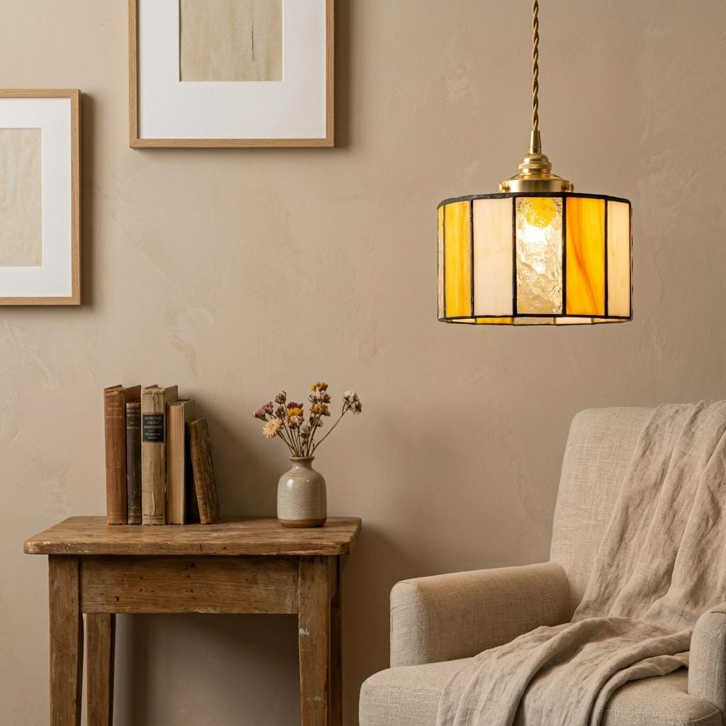 Amber Cream Stained Glass Pendant Light, Geometric Drum Hanging Lamp, Mid Century Decor