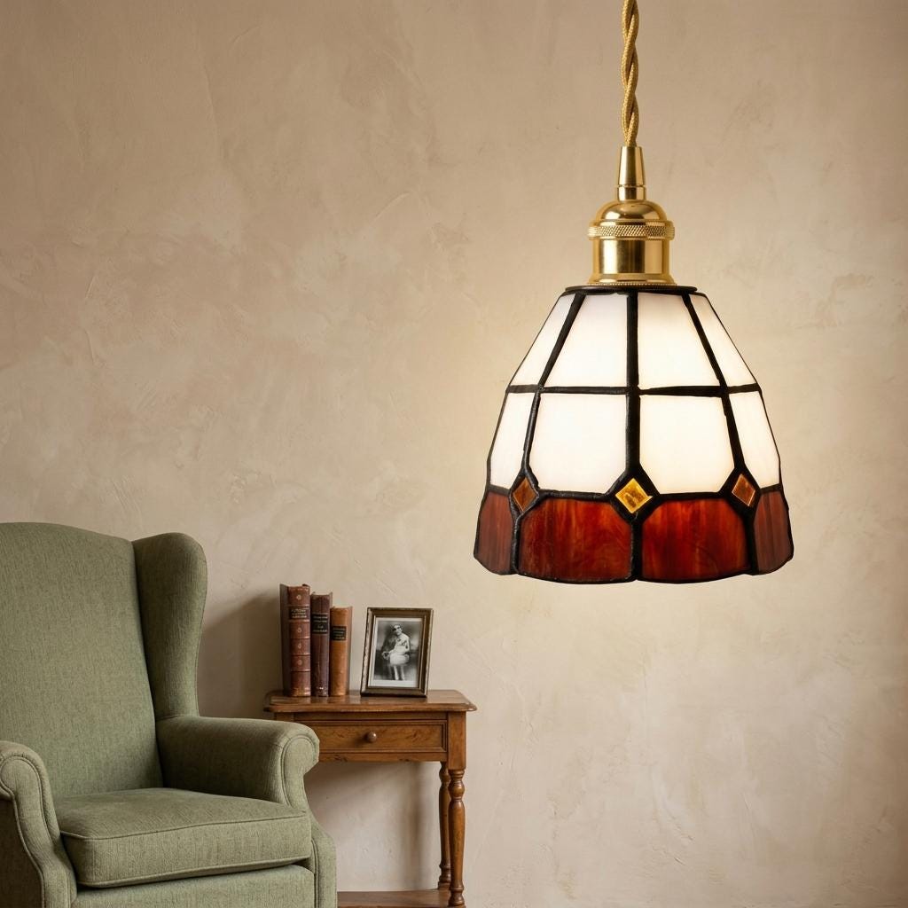 Mini Stained Glass Pendant Light, Cream and Amber Tiffany Style Hanging Lamp, Geometric Vintage Ceiling Light