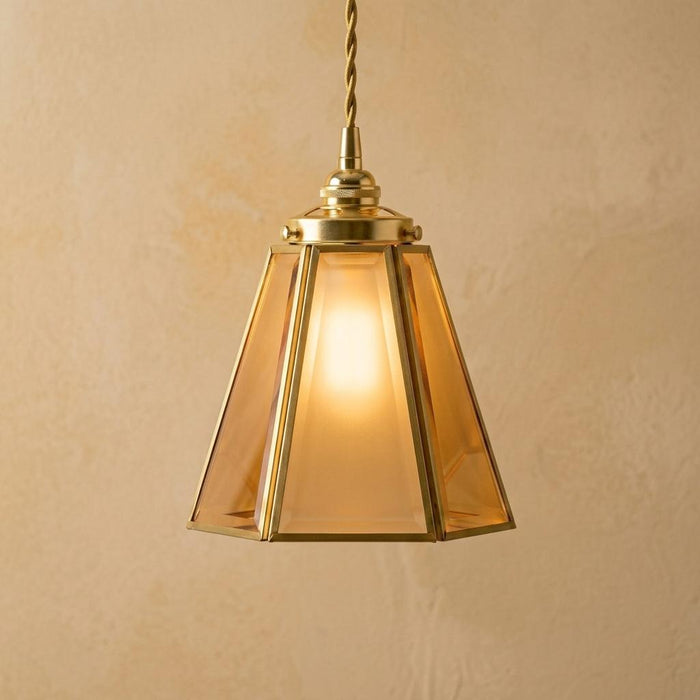 Amber Geometric Glass Pendant Light, Faceted Art Deco Hanging Lamp