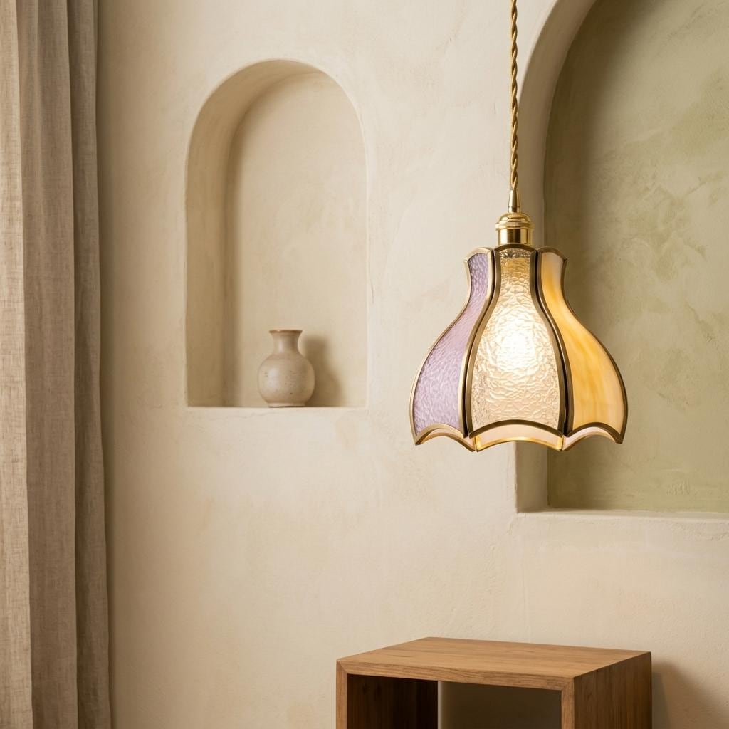White Textured Glass Tulip Pendant Light, Vintage Brass Tone Ceiling Fixture