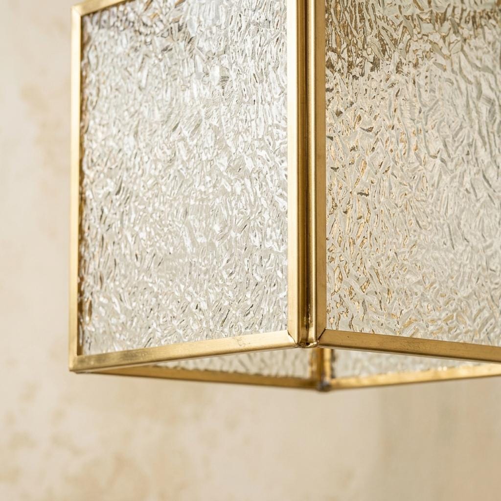 Textured Glass Pendant Light, Square Brass Tone Hanging Lamp, Vintage Style Fixture