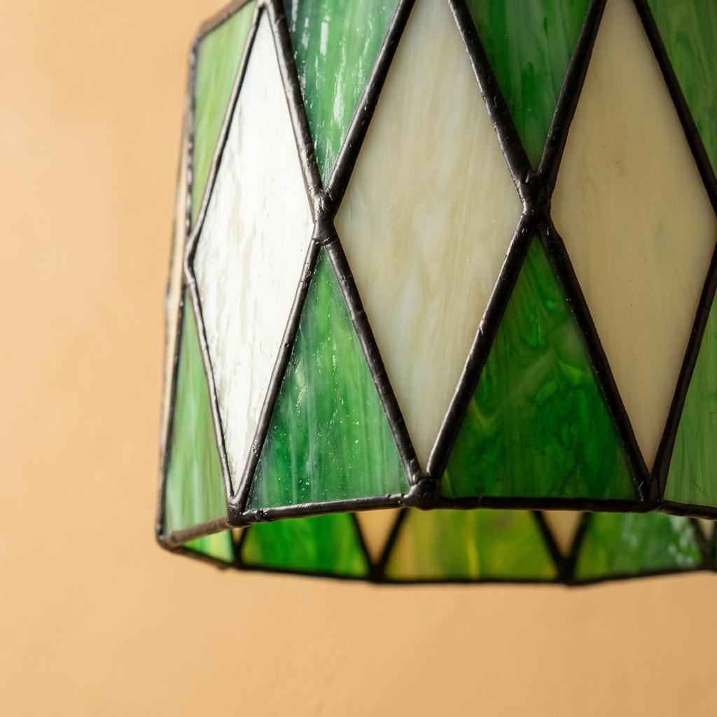Green Stained Glass Pendant Light, Ivory Harlequin Diamond Hanging Lamp, Small Tiffany Style Ceiling Light, Vintage Boho Decor
