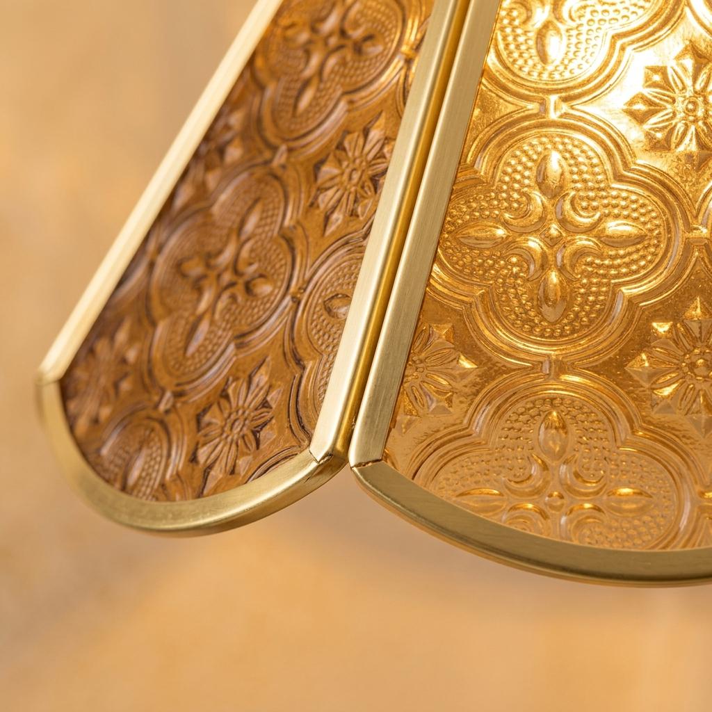Amber Floral Stained Glass Pendant Light, Vintage Gold Scalloped Ceiling Lamp
