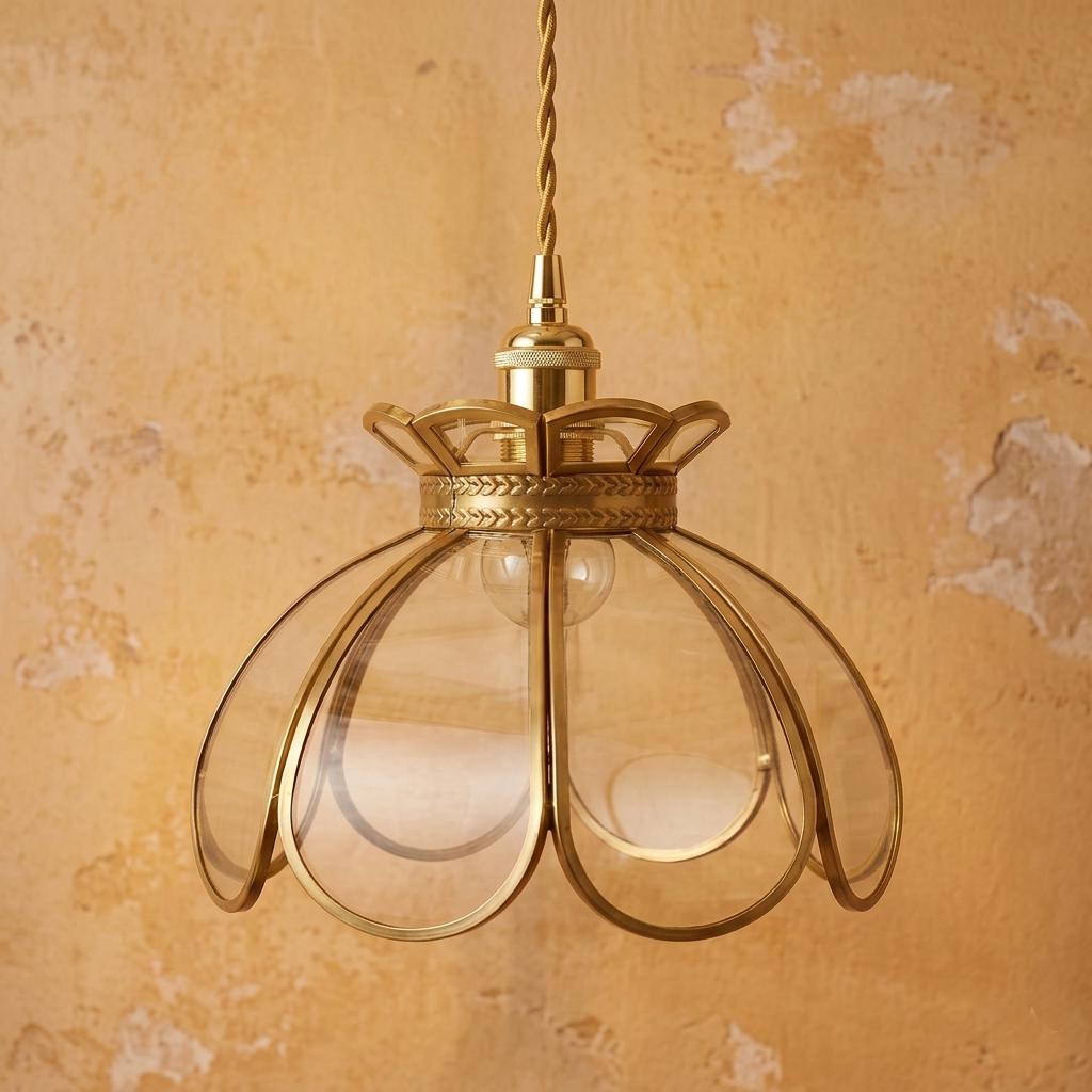 Clear Glass Flower Pendant Light Shade, Brass Petal Dome Lampshade, Vintage Cottage Lighting