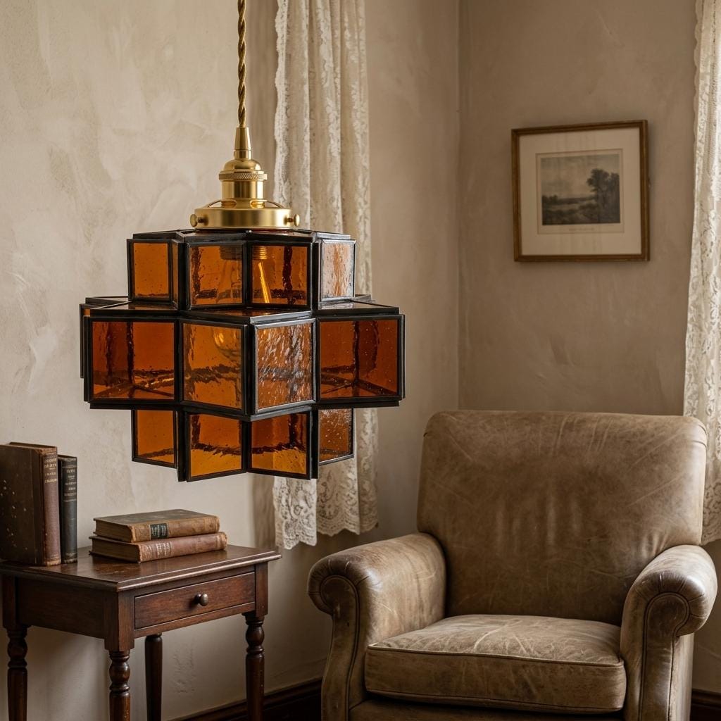 Amber Geometric Stained Glass Pendant Light, Tiered Cube Hanging Lamp
