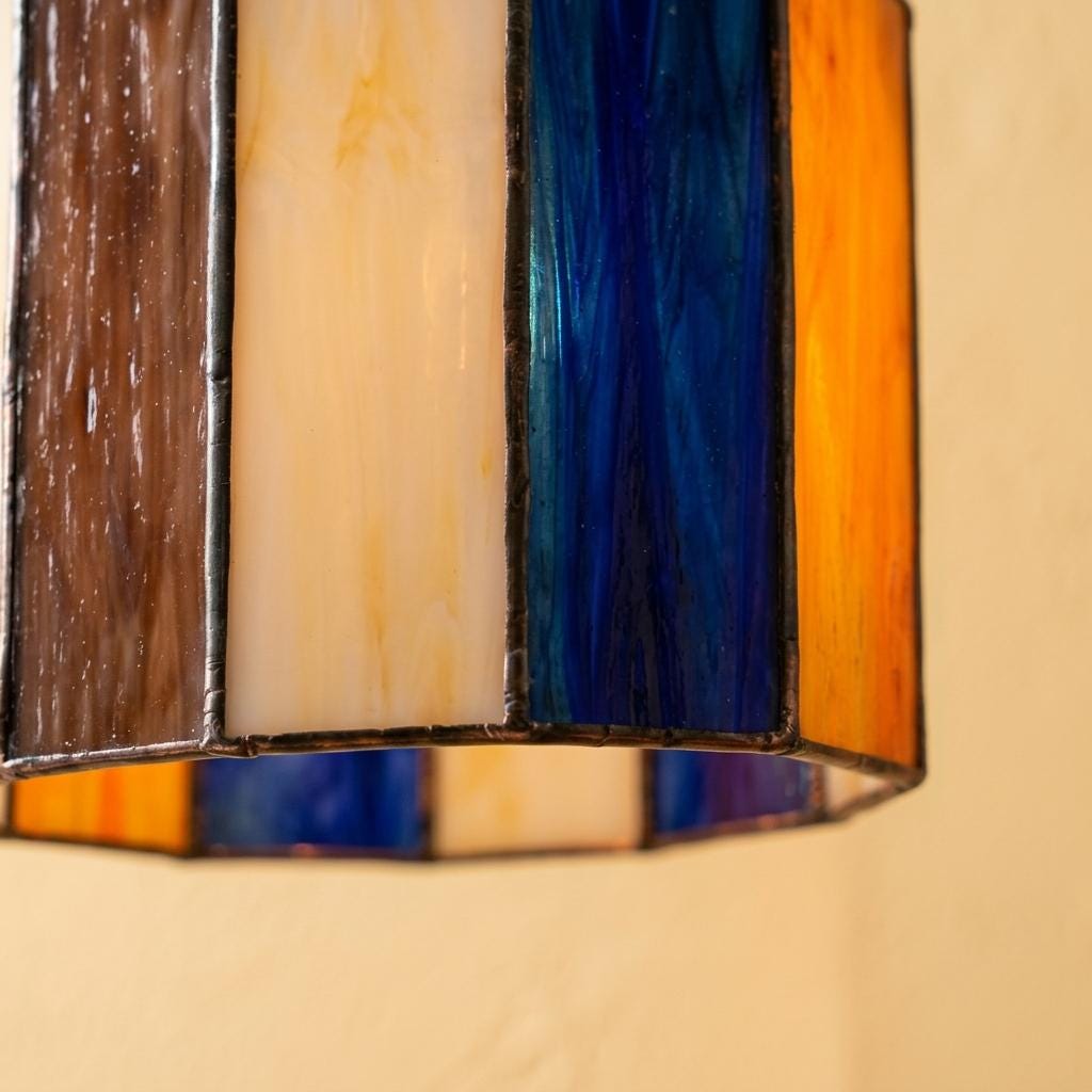 Stained Glass Pendant Light, Blue Orange Ivory Small Drum Lamp, Boho Ceiling Light