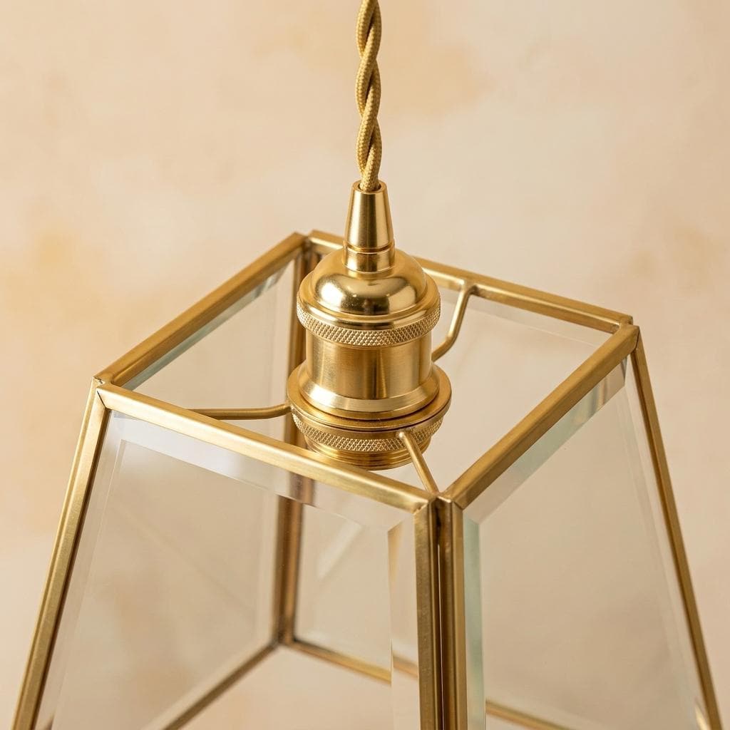Clear Glass Geometric Pendant Light, Brass Tone Art Deco Hanging Lamp