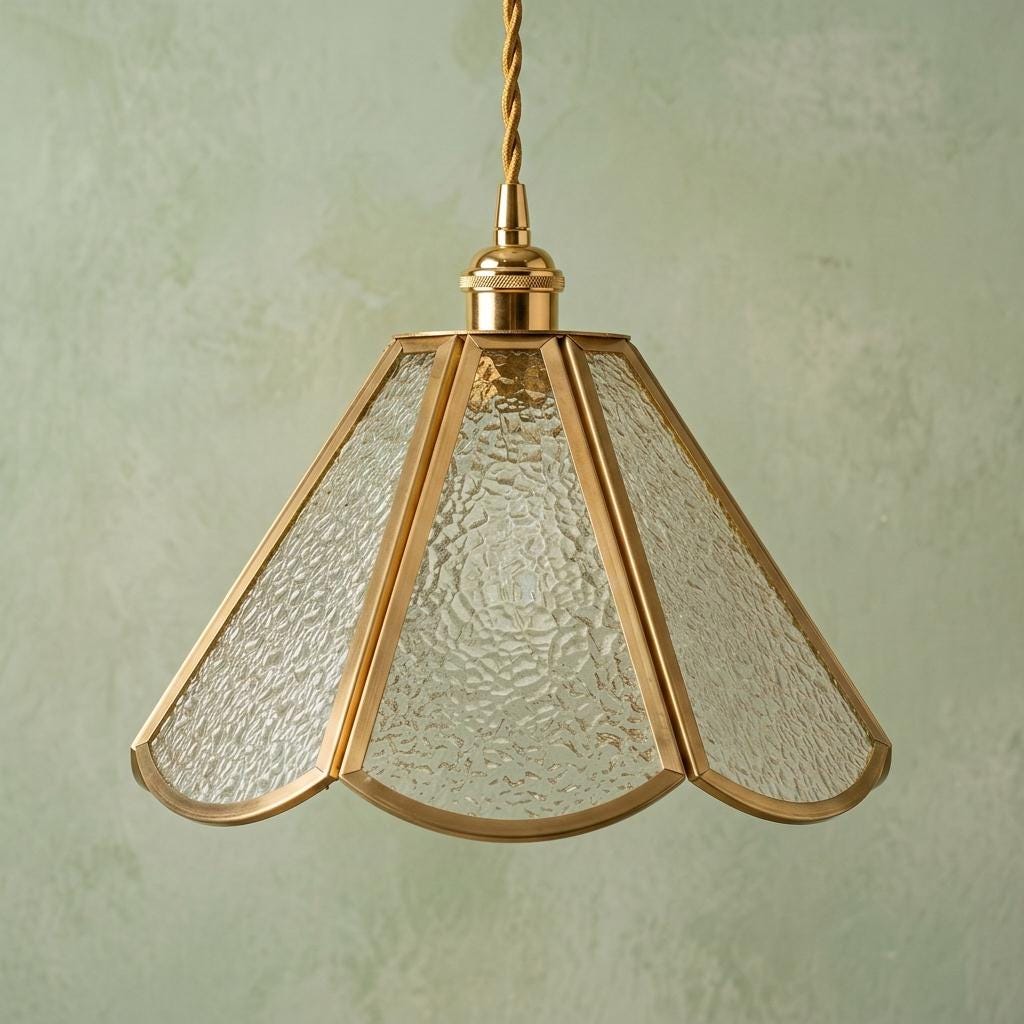Clear Textured Glass Pendant Light, Scalloped Tiffany Style Hanging Lamp, Vintage Gold Ceiling Light