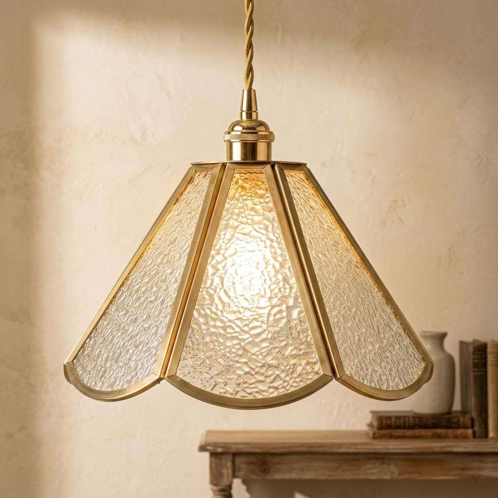 Clear Textured Glass Pendant Light, Scalloped Tiffany Style Hanging Lamp, Vintage Gold Ceiling Light
