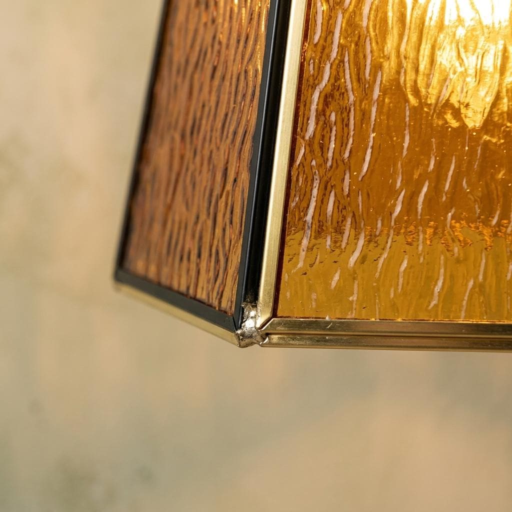 Amber Stained Glass Pendant Light, Small Geometric Tiffany Style Hanging Lamp, Vintage Honey Gold Ceiling Fixture