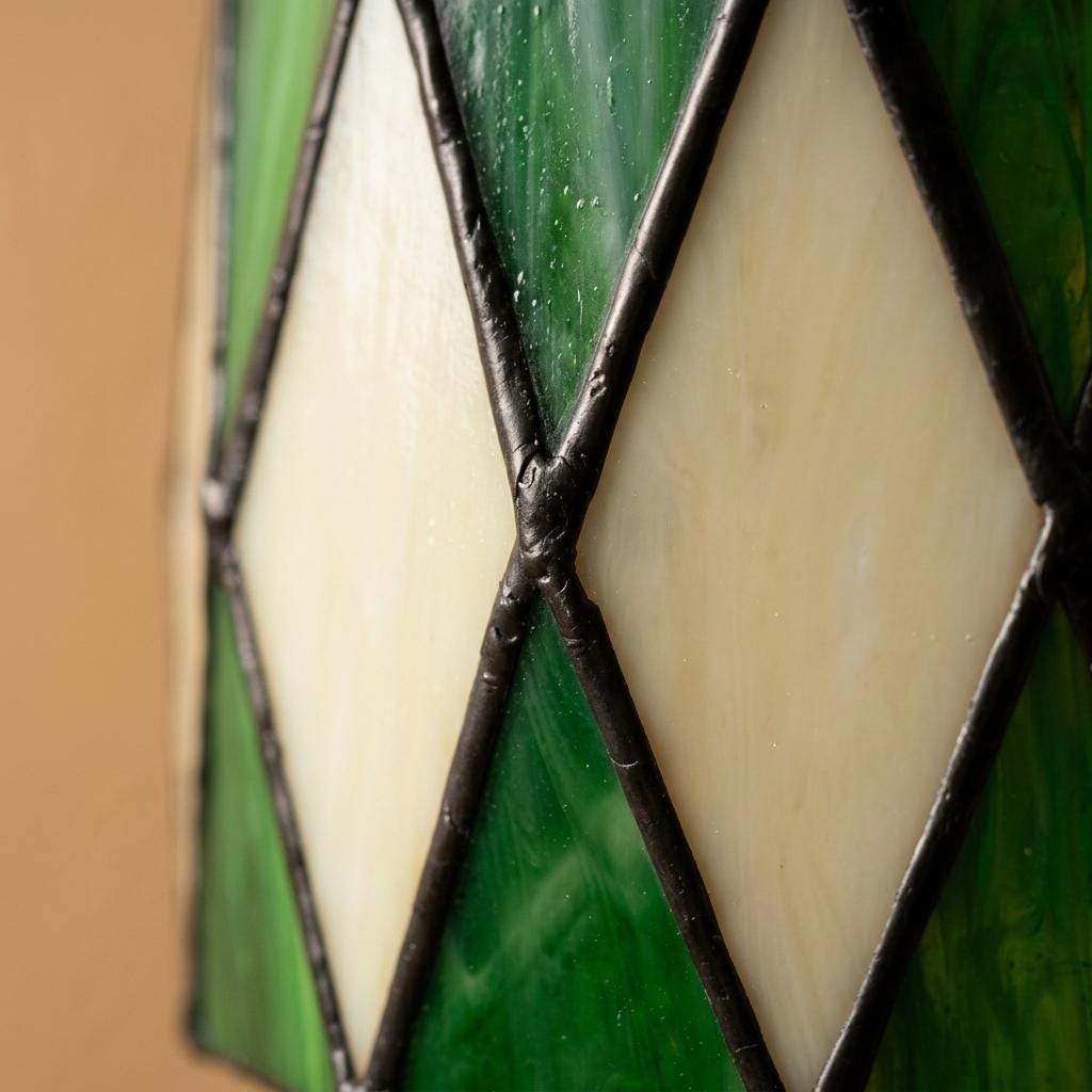 Green Stained Glass Pendant Light, Ivory Harlequin Diamond Hanging Lamp, Small Tiffany Style Ceiling Light, Vintage Boho Decor