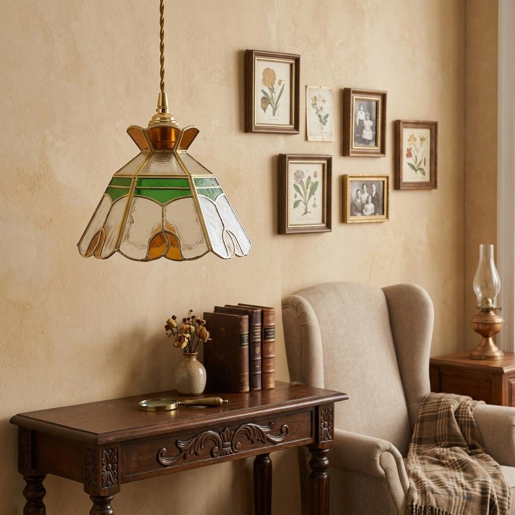 Stained Glass Pendant Light Shade, Green Amber Floral Art Glass Hanging Lamp