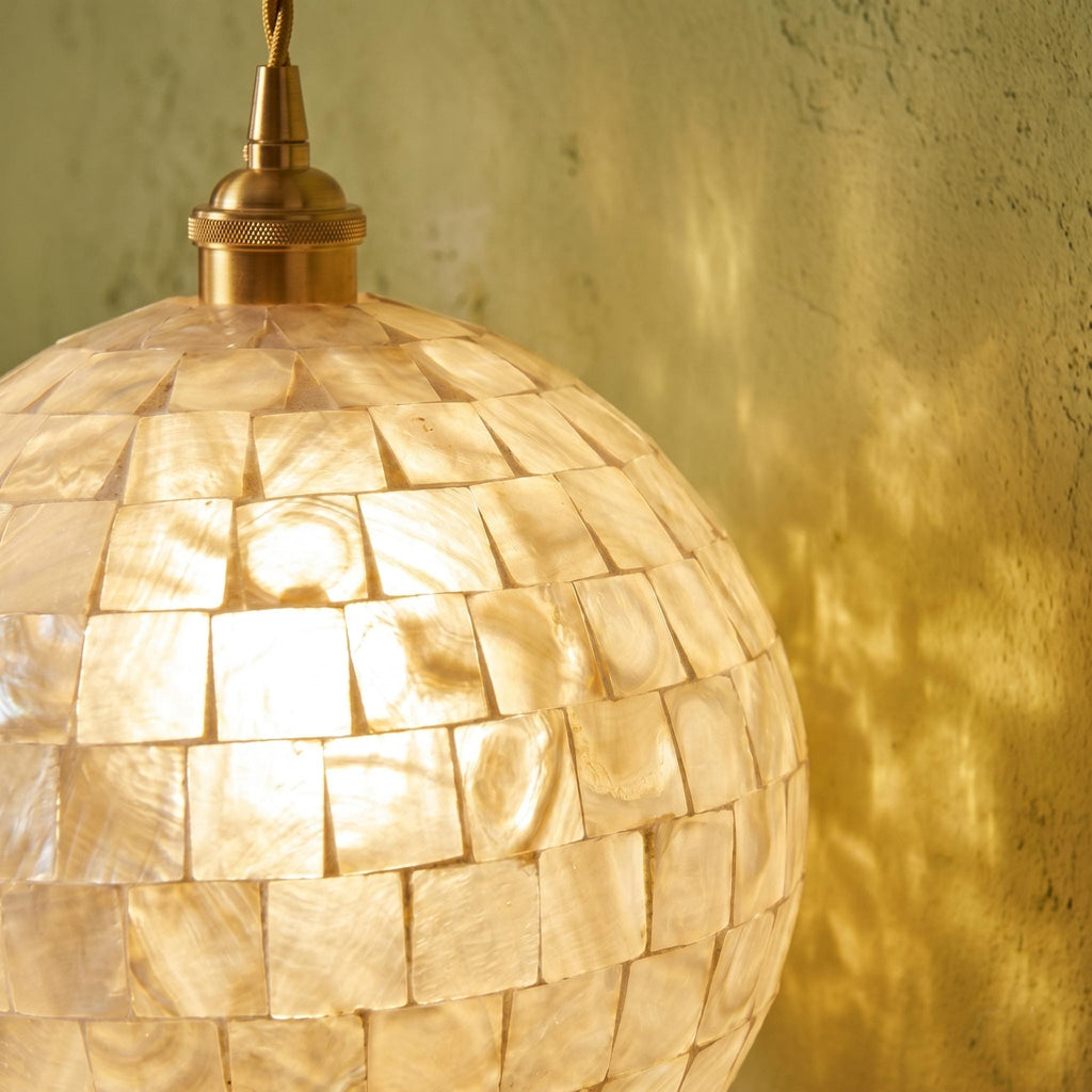 Handmade Capiz Shell Globe Pendant Light , White Mosaic Coastal Lamp, Boho Home Accent
