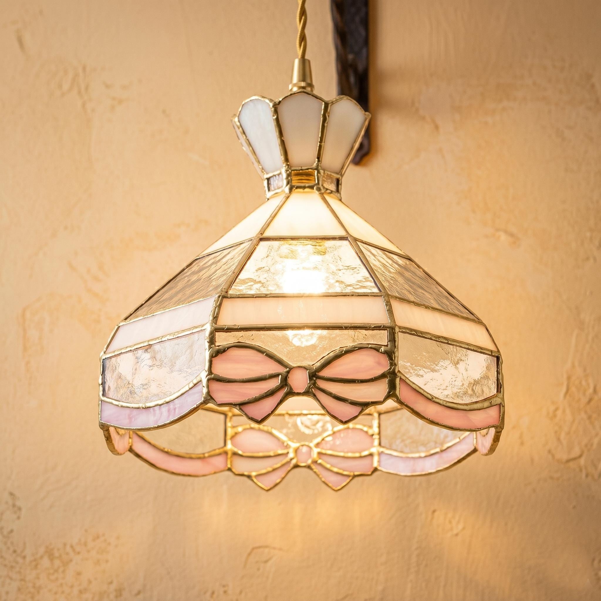 Pink Bow Stained Glass Pendant Light, Handmade Mini Hanging Lamp, Tiffany Style Cottagecore Nursery Ceiling Light Fixture