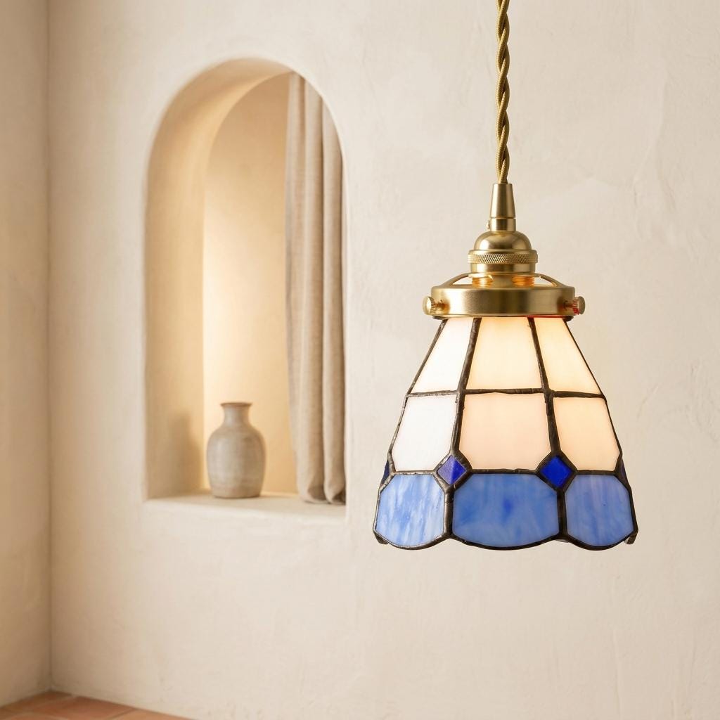 Handmade Blue Cream Geometric Stained Glass Pendant Light, Vintage Boho Mini Hanging Lamp