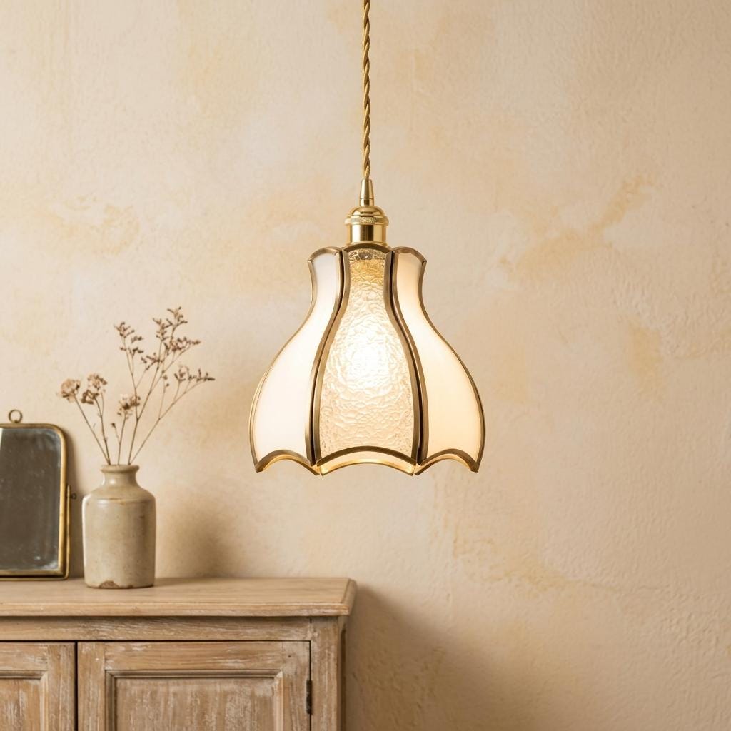 White Textured Glass Tulip Pendant Light, Vintage Brass Tone Ceiling Fixture