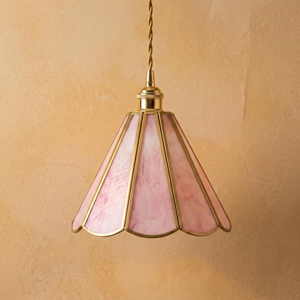 Pink Scalloped Stained Glass Pendant Light, Floral Cottagecore Hanging Lamp