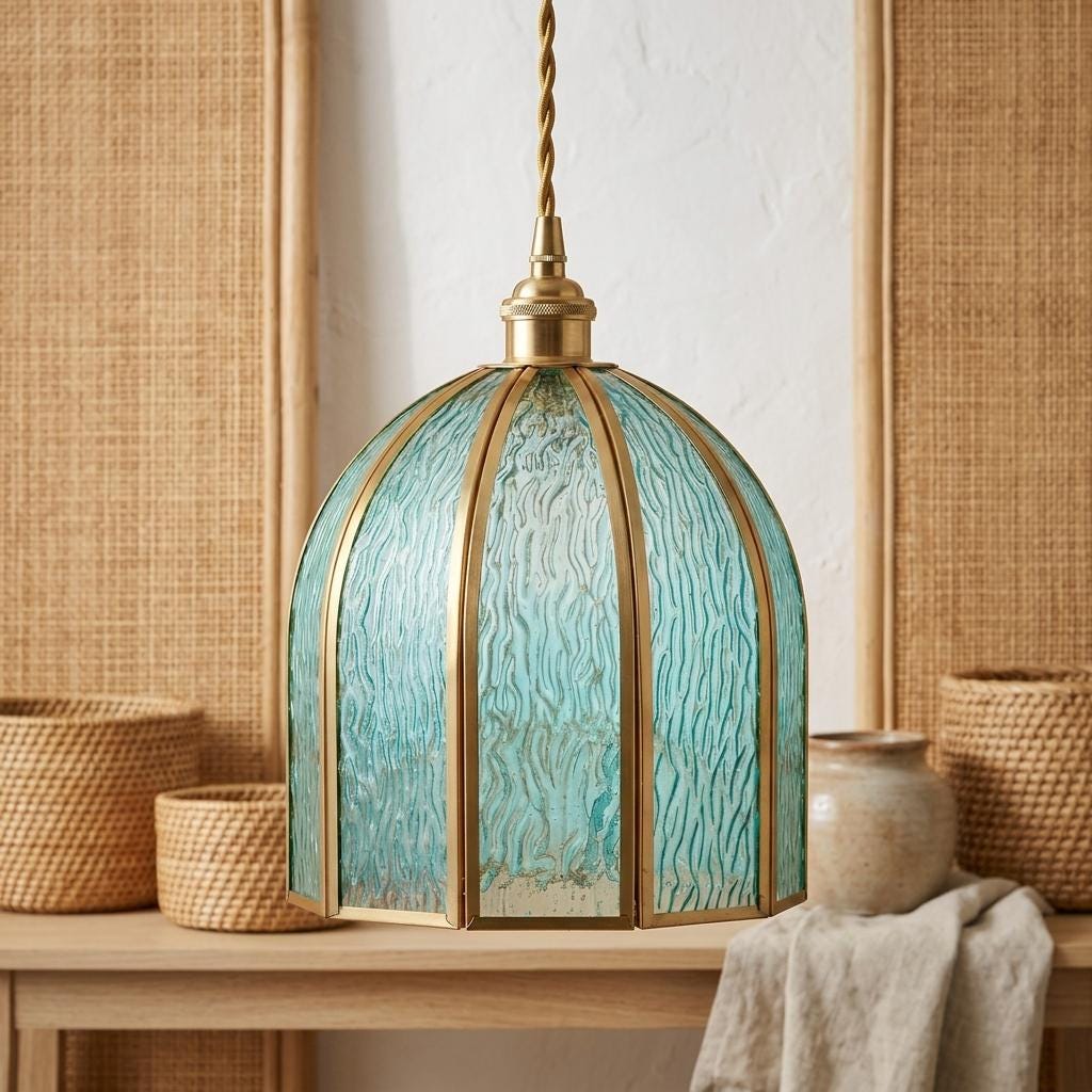 Aqua Blue Stained Glass Pendant Light, Vintage Brass Frame Hanging Lamp