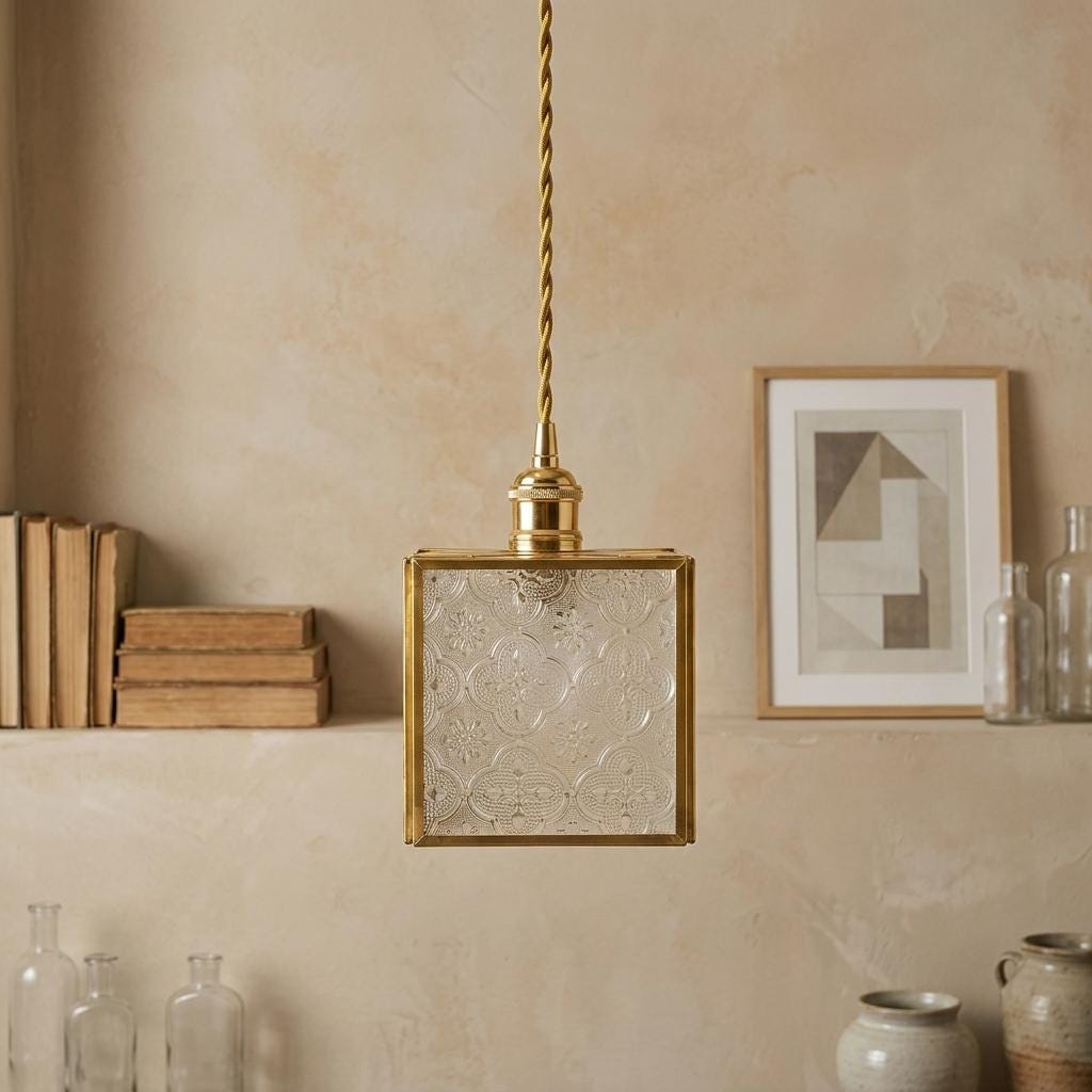 Small Square Embossed Glass Pendant Light, Vintage Brass Hanging Lamp, Boho Artisan Fixture