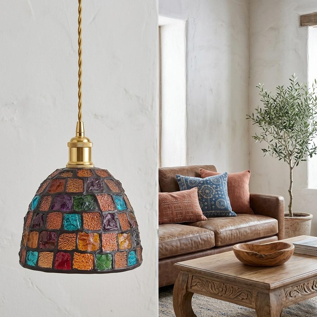 Handcrafted Mosaic Glass Pendant Light , Eclectic Maximalist Decor Accent Lamp