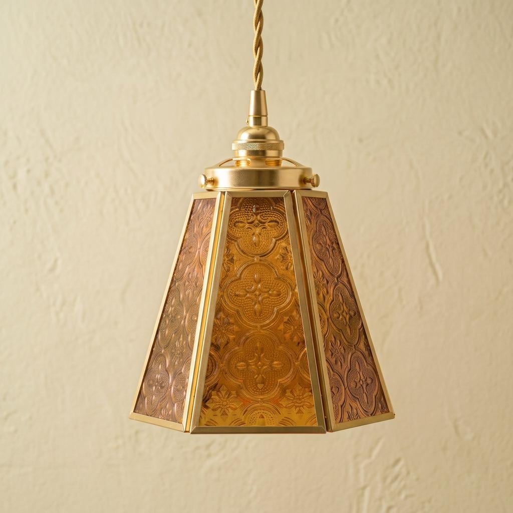 Amber Textured Glass Pendant Light, Gold Tone Ornate Hanging Lamp, Vintage Boho Lighting