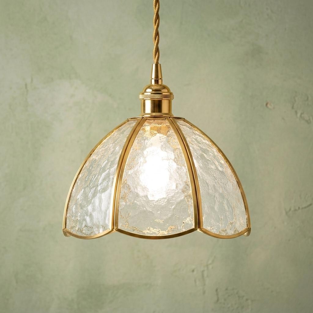 Textured Glass Scalloped Dome Pendant Light, Vintage Brass Tone Fixture