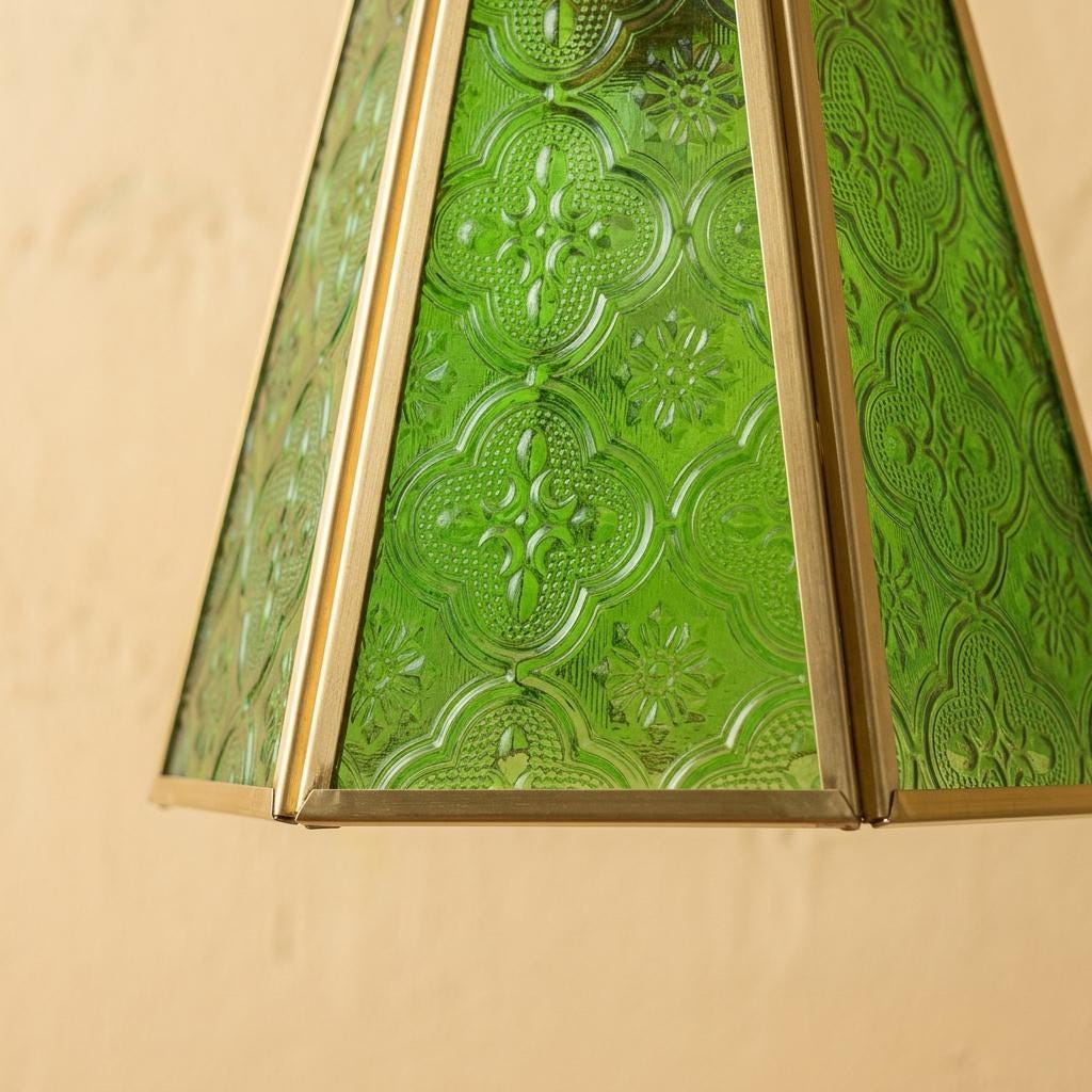 Green Embossed Glass Pendant Light, Vintage Floral Hanging Lamp, Entryway Fixture