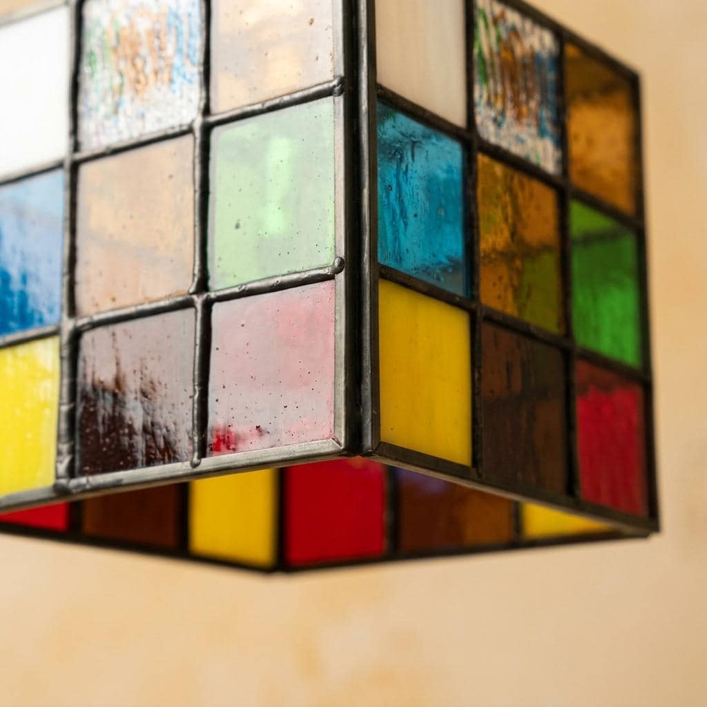Colorful Stained Glass Pendant Light, Square Mosaic Hanging Lamp, Vintage Boho Accent Fixture