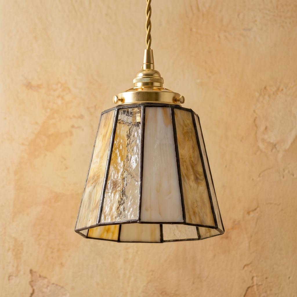 Amber Ivory Stained Glass Pendant Light, Small Tiffany Style Hanging Lamp, Warm Vintage Boho Ceiling Light