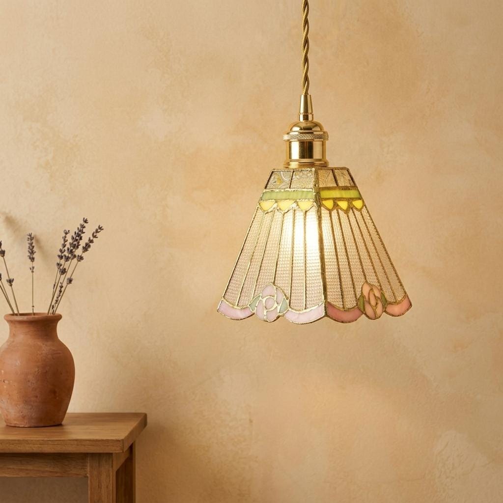 Stained Glass Pendant Light, Pink Rose Hanging Lamp, Clear Textured Glass, Tiffany Style Floral Ceiling Light, Cottagecore Decor