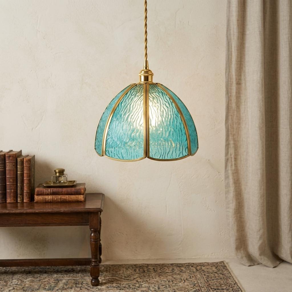 Aqua Blue Textured Glass Dome Pendant Light, Vintage Coastal Brass Fixture