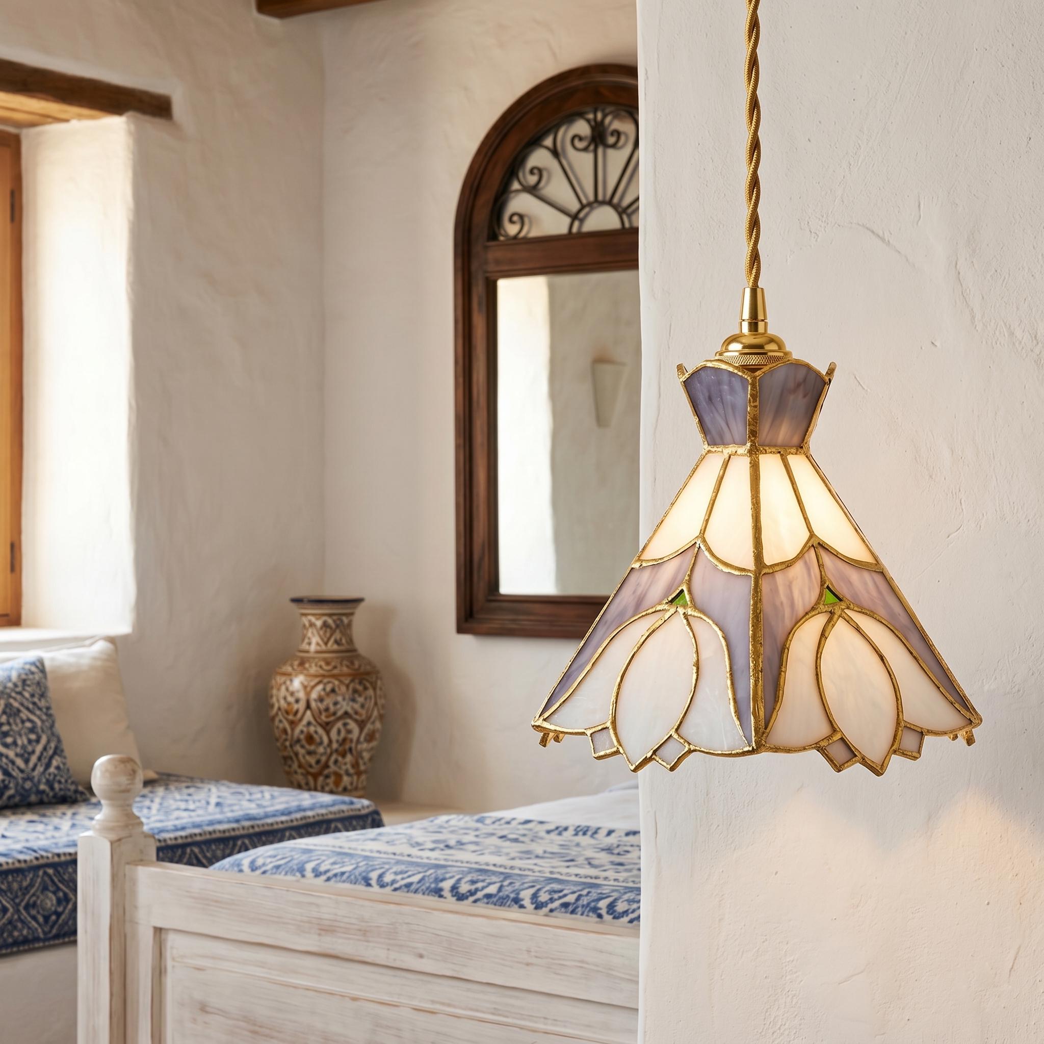 Handmade Stained Glass Pendant Light, Lavender Floral Hanging Lamp, Tiffany Style Petal Ceiling Light, Cottagecore Art Nouveau Lamp