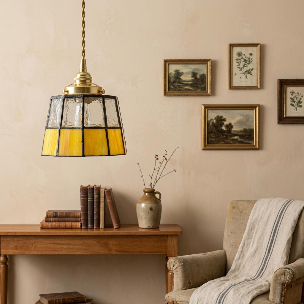 Stained Glass Pendant Light, Amber Yellow and Clear Mini Hanging Lamp, Tiffany Style Geometric Glass Ceiling Light