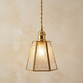 Textured Glass Pendant Light, Gold Tone Geometric Shade, Vintage Art Deco Hanging Lamp
