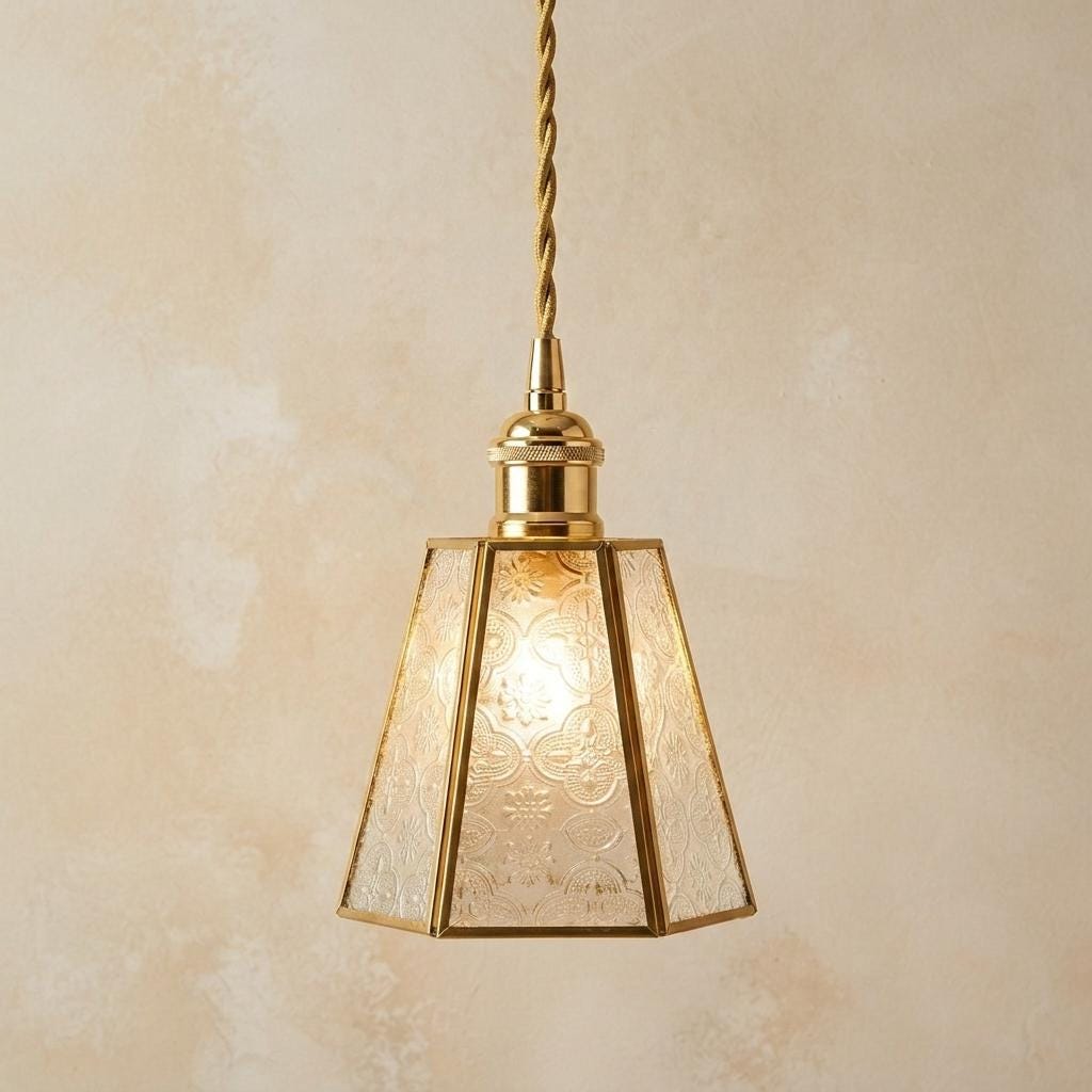 Textured Glass Pendant Light, Gold Tone Geometric Shade, Vintage Art Deco Hanging Lamp