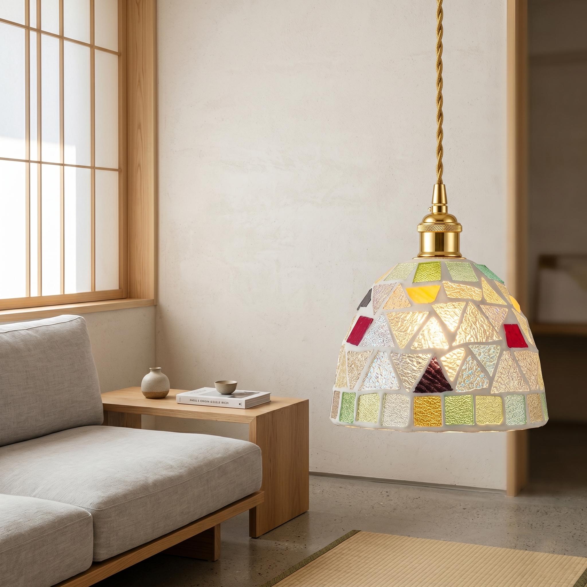 Handmade Iridescent Mosaic Glass Pendant Light, Boho  Lamp, Colorful Home Decor