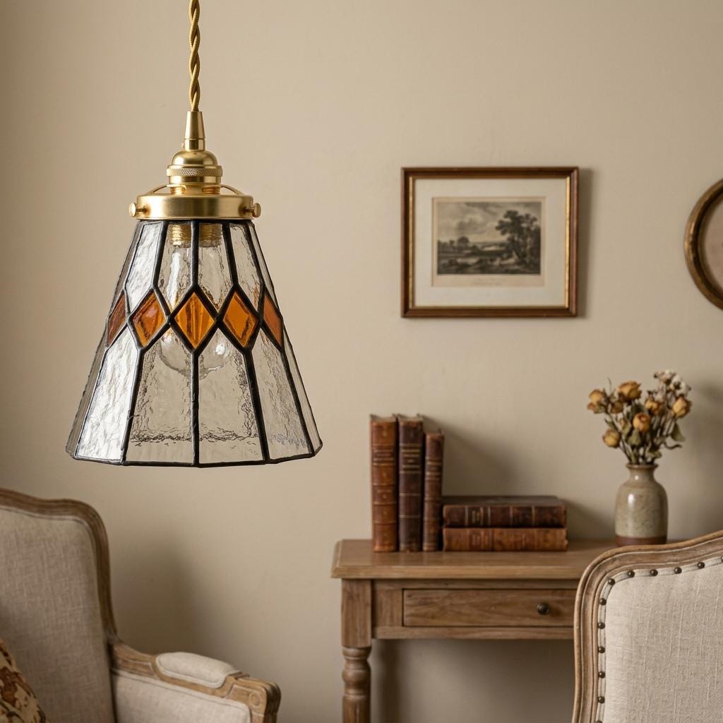 Stained Glass Pendant Light, Clear Textured Amber Diamond Shade, Vintage Kitchen Island Fixture