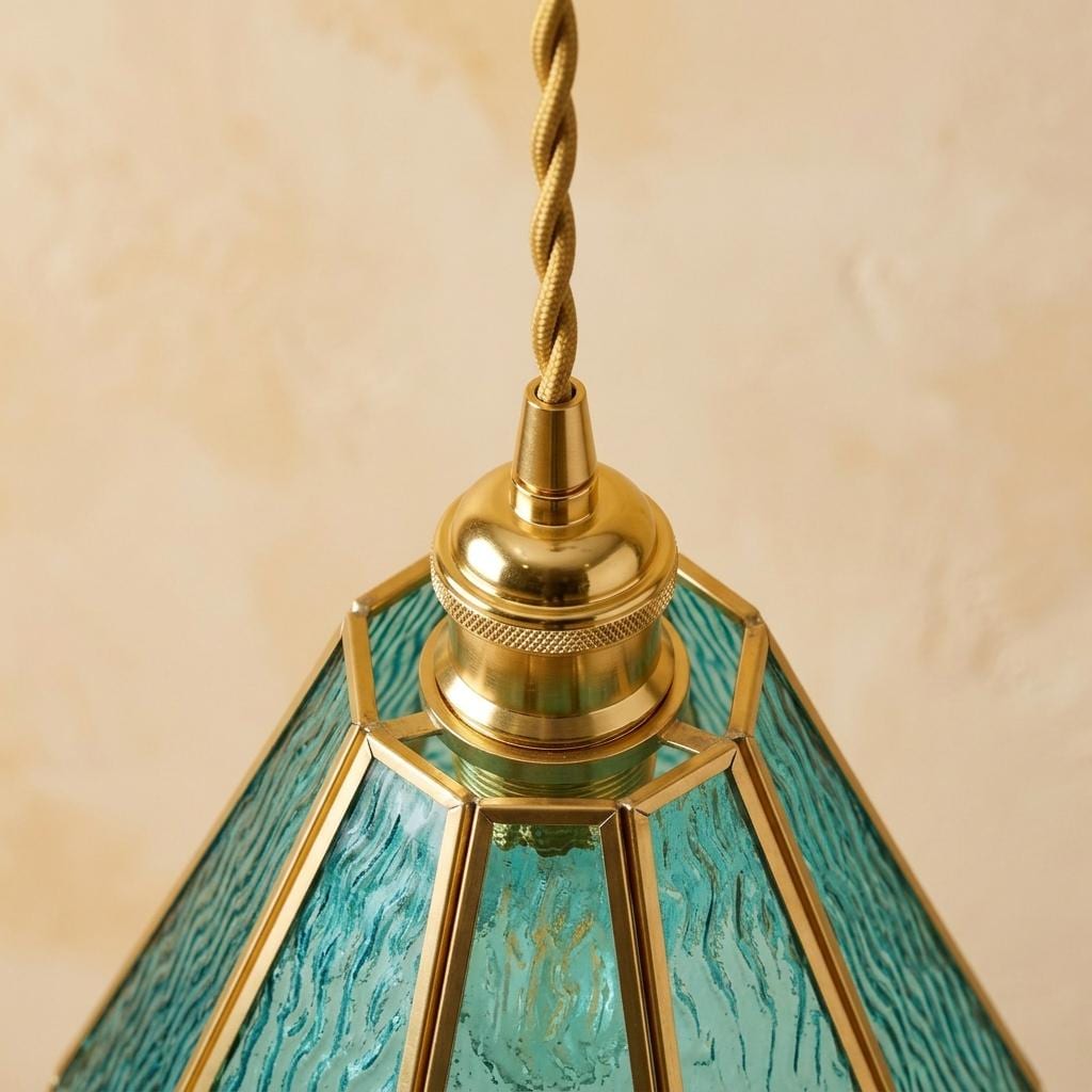 Turquoise Stained Glass Pendant Light, Scalloped Petal Shade, Vintage Cottagecore Decor