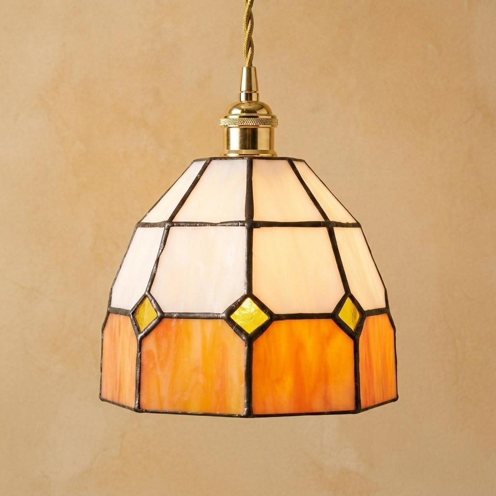 Stained Glass Pendant Light, Amber Orange and Cream Geometric Hanging Lamp, Tiffany Style Ceiling Light, Vintage Kitchen Decor