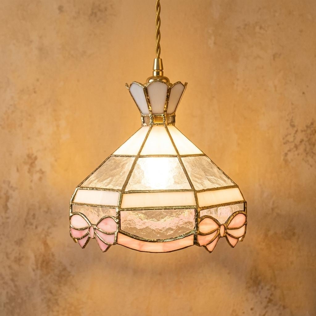 Pink Bow Stained Glass Pendant Light, Handmade Mini Hanging Lamp, Tiffany Style Cottagecore Nursery Ceiling Light Fixture