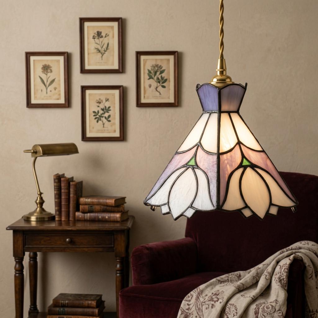 Stained Glass Lampshade, Pastel Blue Lavender Floral Tiffany Style Shade, Small Replacement Table Lamp Shade, 7.1 Inch Wide