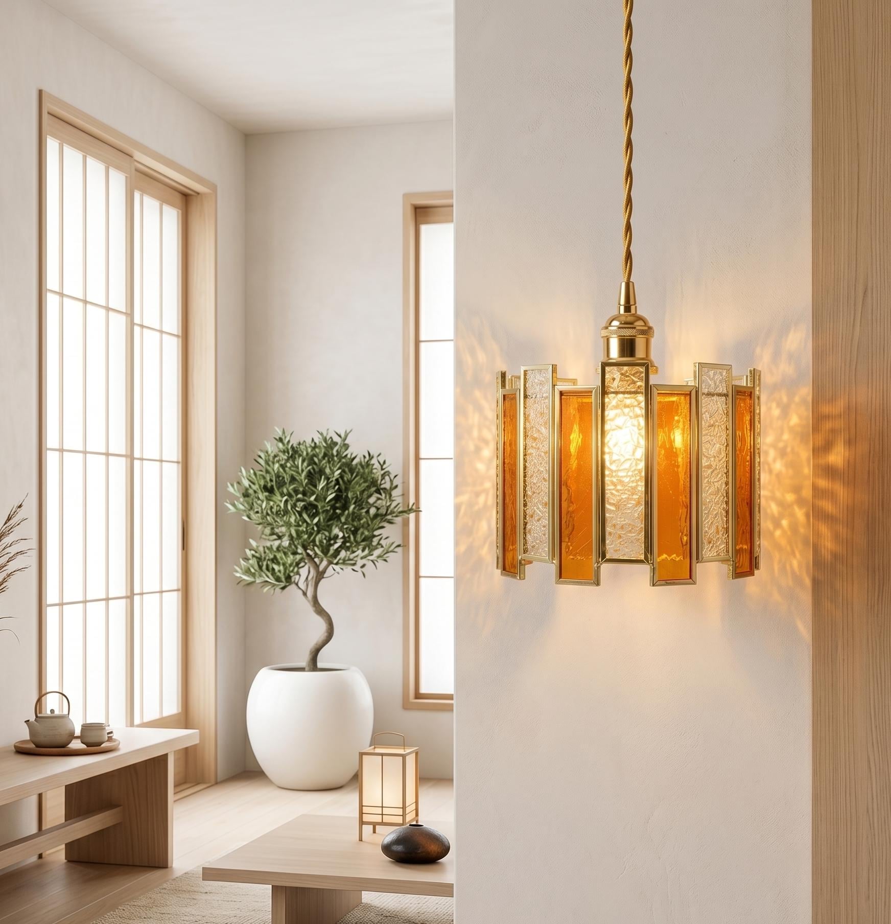 Handmade Amber Stained Glass Pendant Light, Art Deco Gold Hanging Lamp