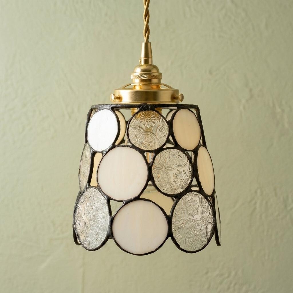 Cream Textured Stained Glass Pendant Light, Vintage Style Ceiling Lamp