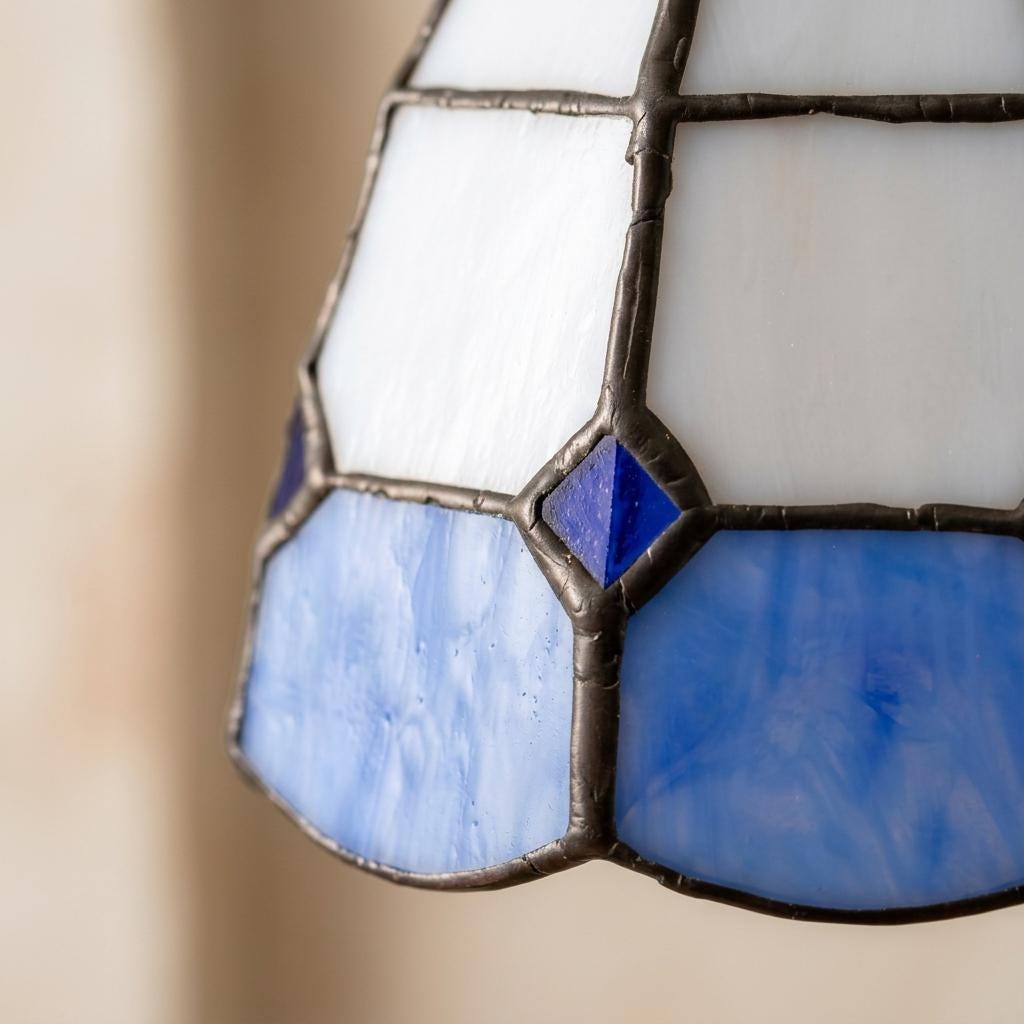 Handmade Blue Cream Geometric Stained Glass Pendant Light, Vintage Boho Mini Hanging Lamp