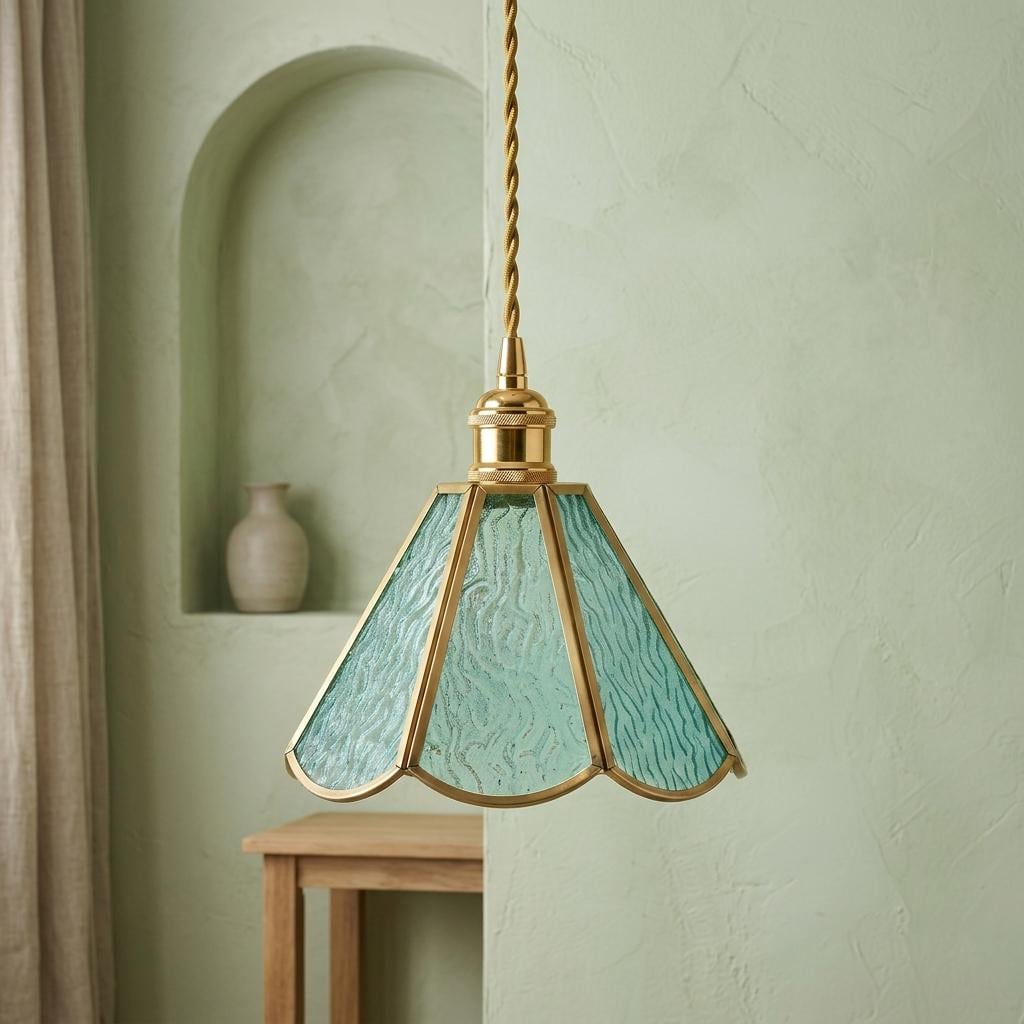Aqua Scalloped Stained Glass Pendant Light, Coastal Cottage Hanging Lamp
