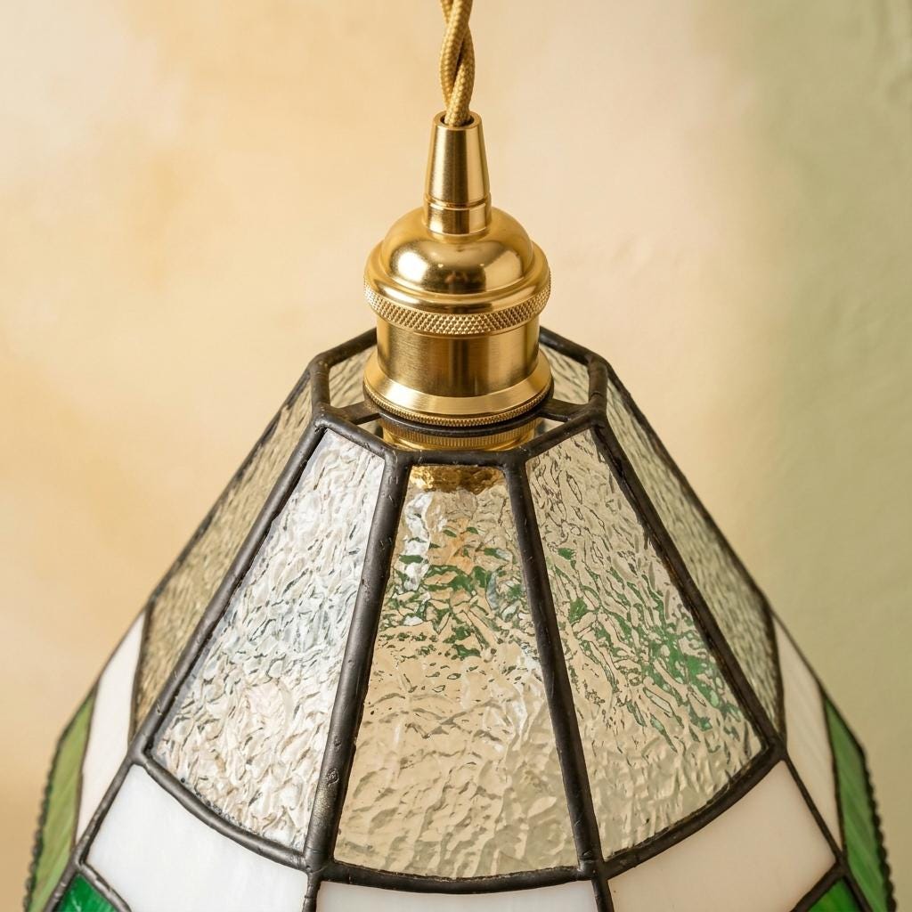 Green White Stained Glass Pendant Light, Textured Bell Ceiling Lamp