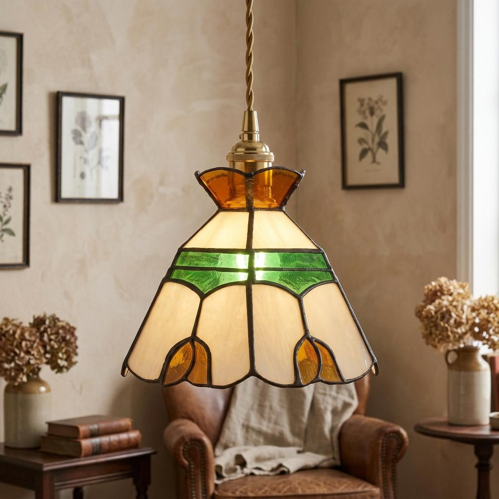 Stained Glass Lamp Shade, Tiffany Style Floral Pendant Light Shade, Green Amber Glass Hanging Lamp, Small Vintage Sconce Shade